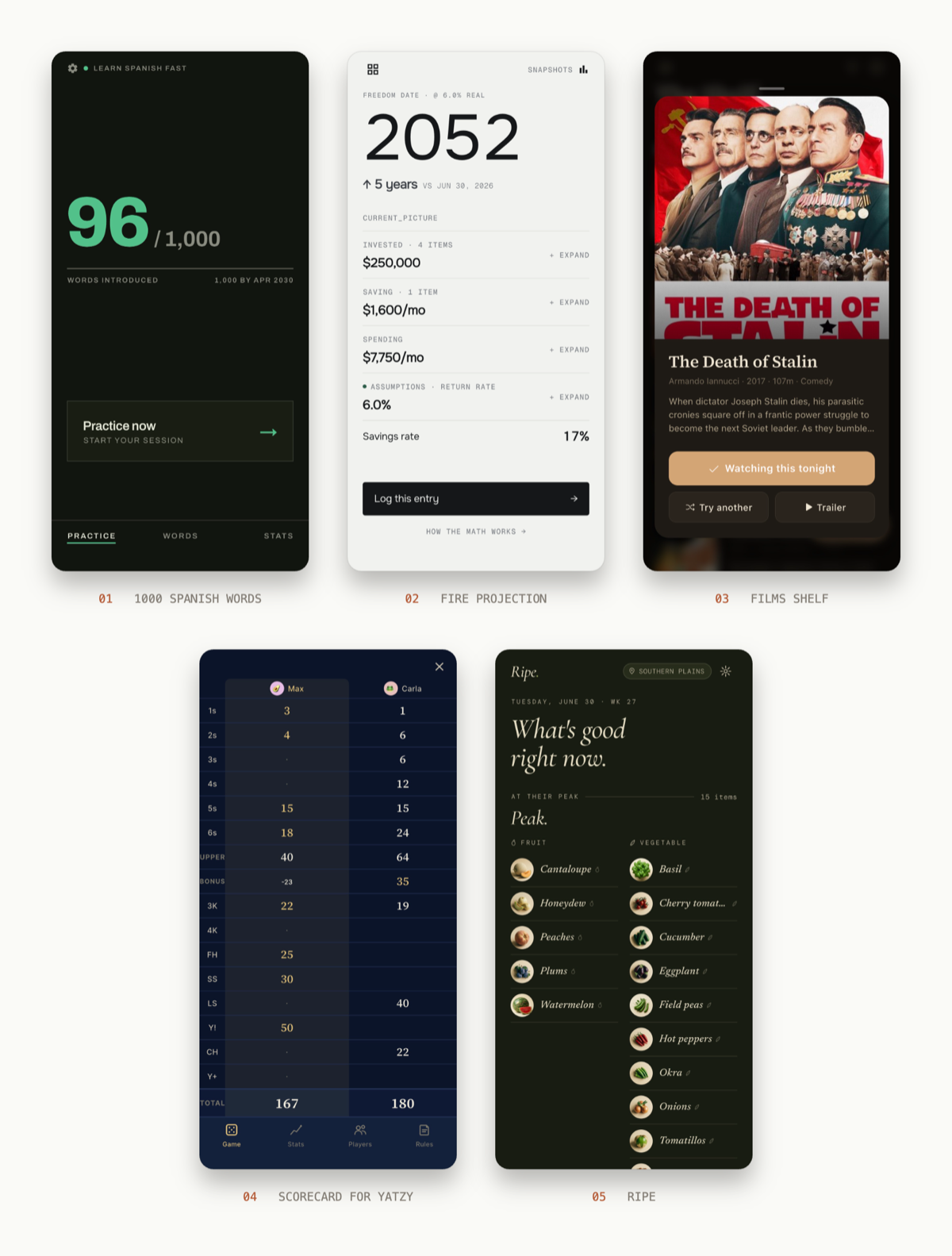 The five apps: 1000 Spanish Words, FIRE Projection, Films Shelf, Scorecard for Yatzy, and Ripe